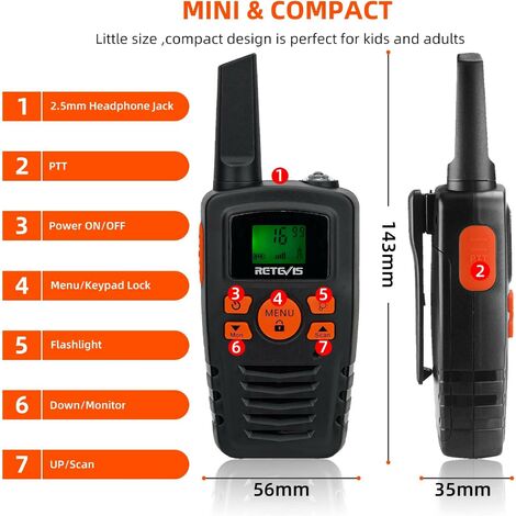Talkie-walkie Enfant Retevis RT638 – 16 Canaux, Longue Portée, Lampe Torche, VOX, 65 G, Cadeau Randonnée/camping, Rouge