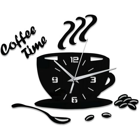 Murale 3D, Pendule Murales pour Cafés, Autocollant Miroir 3D Home Decor Horloge Murale Silencieuse (Pas De Batterie)Noir (1/3)