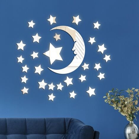 29 Pièces Sticker étoiles lune Mural 3D, Acrylique Miroir