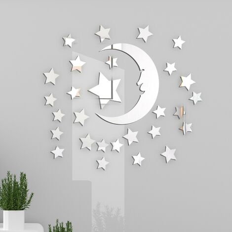 29 Pièces Sticker étoiles lune Mural 3D, Acrylique Miroir