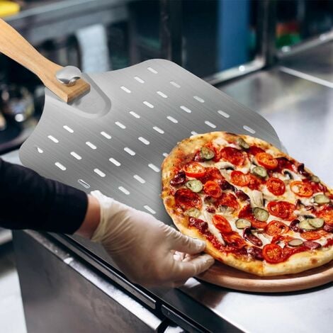 Pelle à pizza perforée en acier inoxydable, poignée en aluminium noir