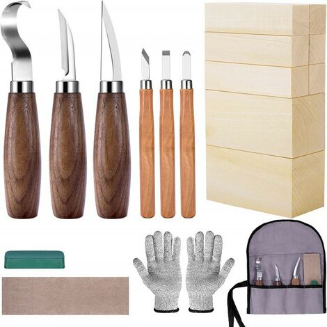 Ciseau à bois, Set de couteaux à sculpter avec blocs de bois, set comprenant 6 couteaux à sculpter en bois, 8 blocs de bois et des gants agrandis (1/5)