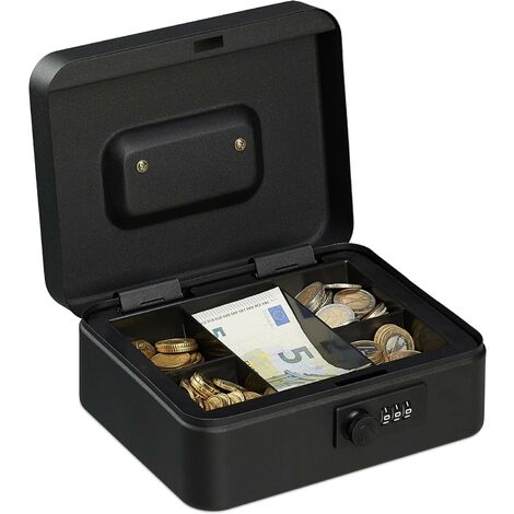 Coffret à monnaie, avec Combinaison à 3 Chiffres, Rangement d’Argent en Fer, H x L x P 8,5 x 20 x 17 cm, Noir (1/5)