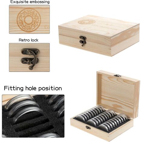 Boîte De Rangement Pour Pièces De Collection En Bois - Avec 30 Capsules Plastique Et Joints Mousse - 20 à 40 Mm