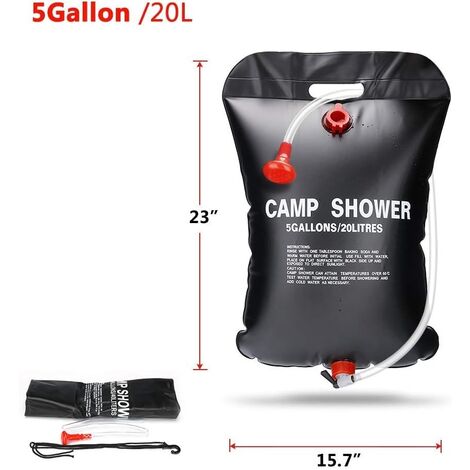 Sac de douche solaire 20L – PVC durable – Pliable avec pommeau de douche amélioré – Température jusqu'à 45°C – Pour camping et randonnée