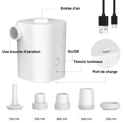 Pompe à air électrique, Batterie Rechargeable 250 mAh,gonfleur Electrique avec 5 Buses d'air, Gonfleur Rapide