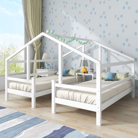 Lit enfant, lit cabane, lit simple, 90200cm,pour 2 enfants,avec table de nuit et sommier à lattes,avec protection contre les chutes,Blanc, KINSI (1/5)