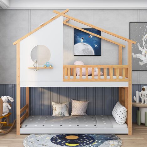 Lit enfant, lit cabane, lit double,lit superposé, 90 x 200 cm, avec escalier, clôture , naturel et blanc，KINSI (1/5)