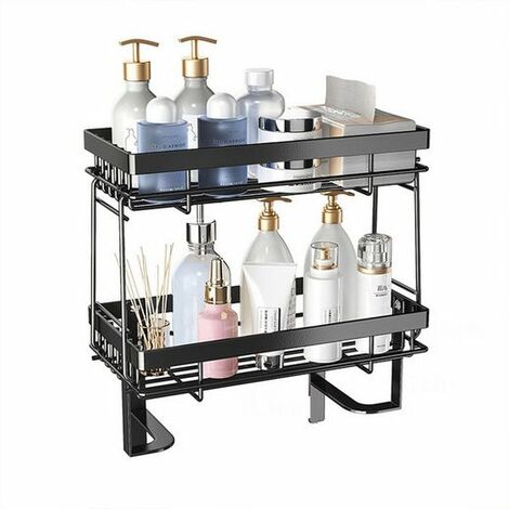 Etagère de Douche, Meuble WC étagère, Accessoires de douche, double couche, Noir, Sans perçage, amovible, KINSI (1/5)