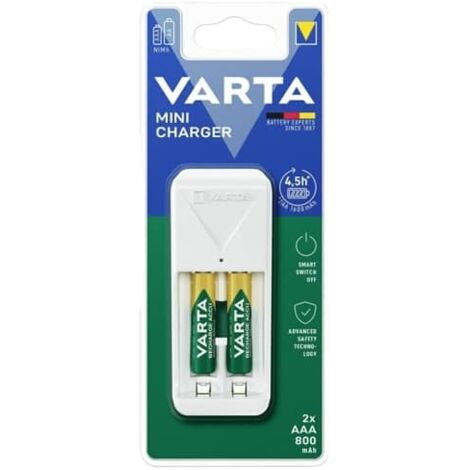 Varta – Chargeur de batterie pour piles NiMH AA/AAA – Charge rapide en 4,5h – Inclus 2 piles 800mAh – Tension 100-240V
