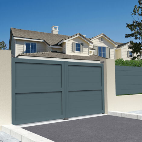 Portail double battant motorisé plein L 3000 x H 1757 mm (Gris anthracite structuré RAL7016ST) (1/3)
