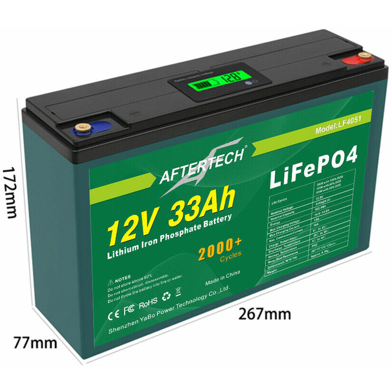 12V 33AH LIFEPO4 PACCO BATTERIA RICARICABILE LITIO FERRO FOSFATO PILA  267x77x172