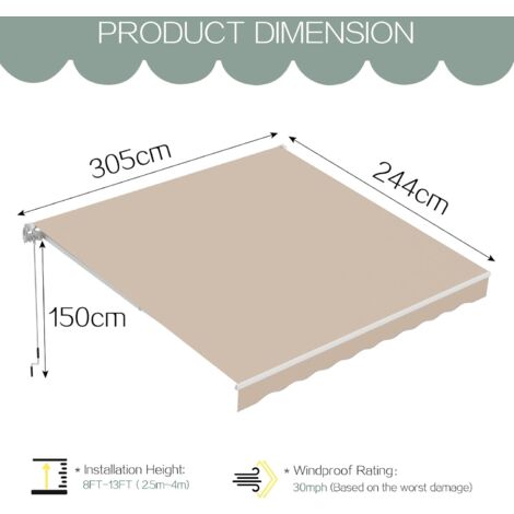 YODOLLA 3 × 2.4m Outdoor Retractable Manual Awning, Patio DIY Folding Awning with Hand Crank, Beige
