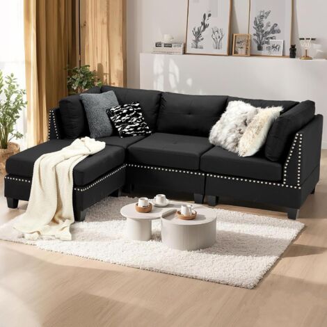 YODOLLA 225cm Corner Sofa 3-4 Seater Modern Sofa Couch, Black Sectional Sofa with Footstool, L-Shaped Corner Chaise for Living Room (1/5)