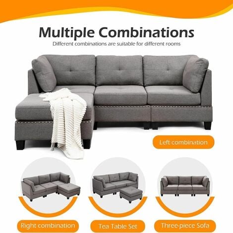 YODOLLA  225CM Convertible Sectional Sofa Couch with Ottoman, Modern Tufted Linen Fabric L-Shaped Couch with Reversible Chaise, Suitable for Living Room Gray