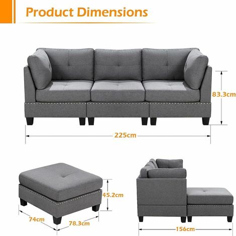 YODOLLA  225CM Convertible Sectional Sofa Couch with Ottoman, Modern Tufted Linen Fabric L-Shaped Couch with Reversible Chaise, Suitable for Living Room Gray