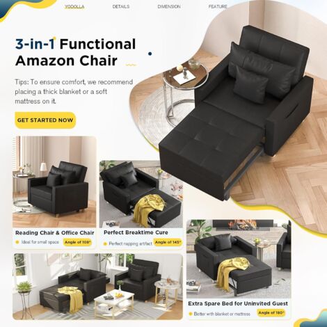 YODOLLA Convertible Sofa Bed 3-in-1 Pull out Arm Chair Folding Recliner Sleeper Single Bed for Adults, Business Black