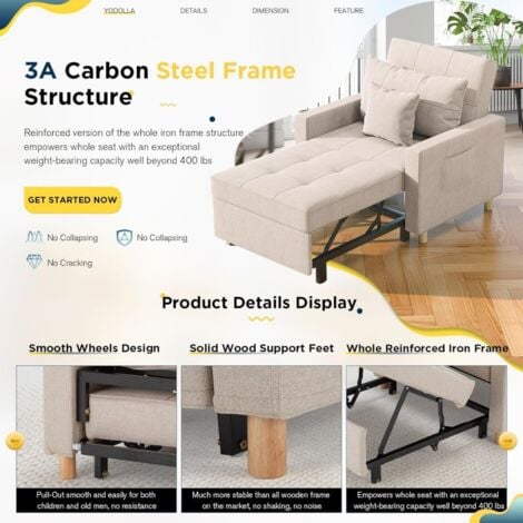 YODOLLA Convertible Sofa Bed 3-in-1 Pull out Arm Chair Folding Recliner Sleeper Single Bed for Adults, Beige