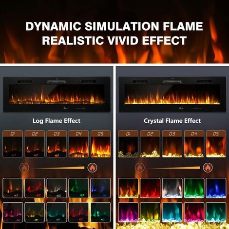 YODOLLA 152cm Mounted/Recessed Electric Fireplace Heater Insert with Remote, Flat Touch Screen Fireplace Heater with 10 Color Flames, 1000-2000W Safe Heating