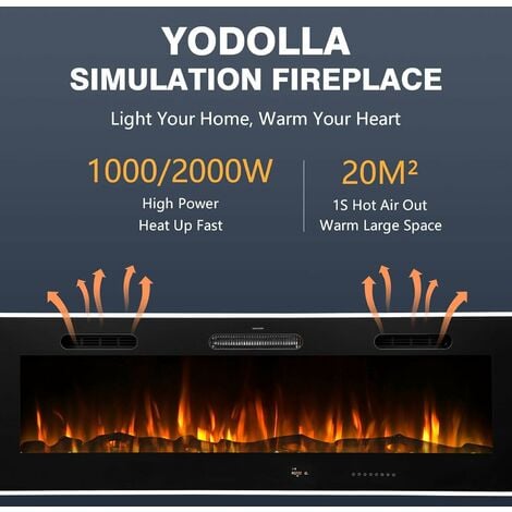 YODOLLA 152cm Mounted/Recessed Electric Fireplace Heater Insert with Remote, Flat Touch Screen Fireplace Heater with 10 Color Flames, 1000-2000W Safe Heating