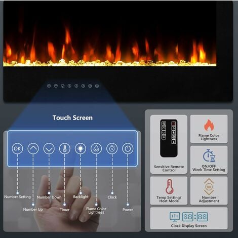 YODOLLA 152cm Mounted/Recessed Electric Fireplace Heater Insert with Remote, Flat Touch Screen Fireplace Heater with 10 Color Flames, 1000-2000W Safe Heating