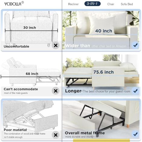 YODOLLA Convertible Sofa Bed 3-in-1 Pull out Arm Chair Folding Recliner Sleeper Single Bed for Adults,Fluffy White
