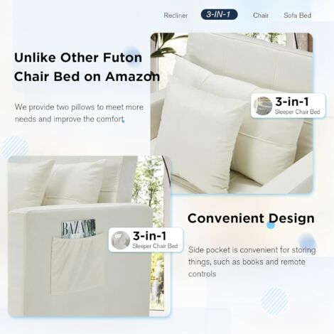 YODOLLA Convertible Sofa Bed 3-in-1 Pull out Arm Chair Folding Recliner Sleeper Single Bed for Adults,Fluffy White