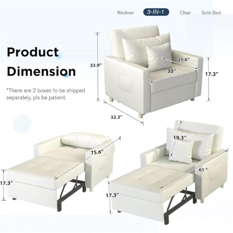 YODOLLA Convertible Sofa Bed 3-in-1 Pull out Arm Chair Folding Recliner Sleeper Single Bed for Adults,Fluffy White