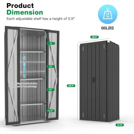 YODOLLA Outdoor Storage Cabinet Storage Shed Waterproof with Shelves, Lockable Vertical Storage Garden Sheds & Outdoor Cabinet Storage Weatherproof for Patio or Indoor Use in Dark Grey