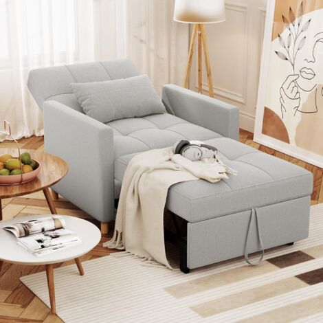 YODOLLA Sleeper Chair, 3 in 1 Chair Bed Sleeper for Adults, Fold Out Sofa Cama with Pillow and Convertible Backrest, Multi-Functional Couch Loveseat Reading Chair for Small Space, Light Grey
