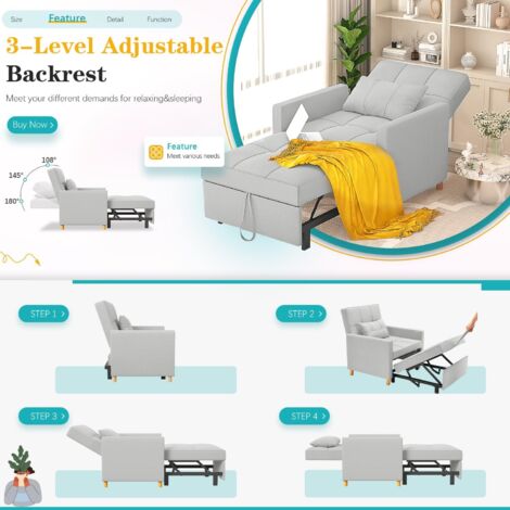 YODOLLA Sleeper Chair, 3 in 1 Chair Bed Sleeper for Adults, Fold Out Sofa Cama with Pillow and Convertible Backrest, Multi-Functional Couch Loveseat Reading Chair for Small Space, Light Grey