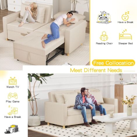YODOLLA 3-in-1 Sofa Bed, Double Sleeper Chair Bed with Adjust Backrest Into a Sofa,Fabric Couch,Double Bed,Convertible Chair Bed for Adults, Beige