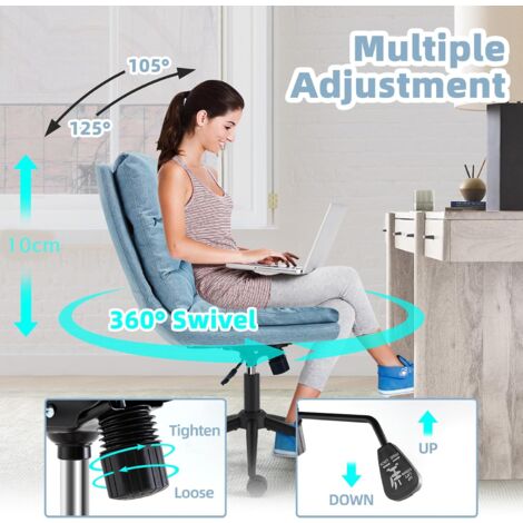 YODOLLA Armless Office Chair Wide Seat, Criss Cross Legged Desk Chair with Wheels, Height Adjustable Computer Swivel Vanity Chairs for Home Office Blue