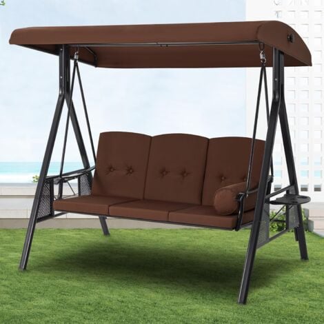 YODOLLA Garden Swing Seats 3-Seater with Removable Cushions & Adjustable Canopy & Steel Frame for Garden, Porch, Balcony, Backyard, Brown