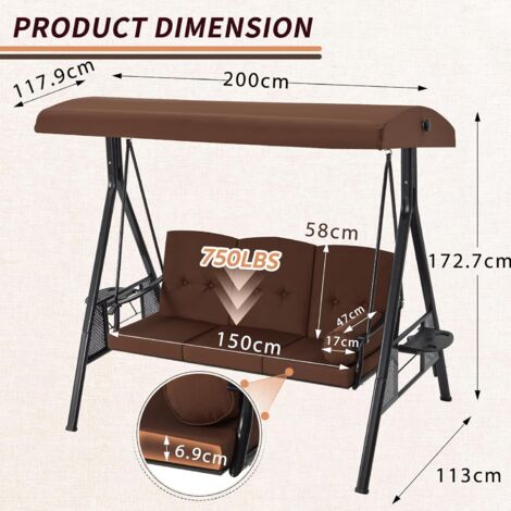 YODOLLA Garden Swing Seats 3-Seater with Removable Cushions & Adjustable Canopy & Steel Frame for Garden, Porch, Balcony, Backyard, Brown