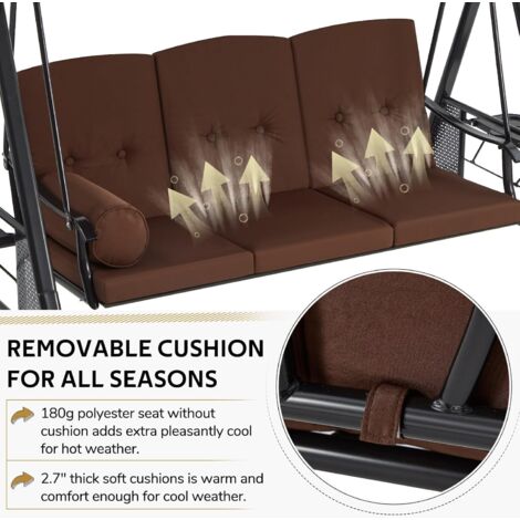 YODOLLA Garden Swing Seats 3-Seater with Removable Cushions & Adjustable Canopy & Steel Frame for Garden, Porch, Balcony, Backyard, Brown