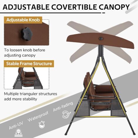 YODOLLA Garden Swing Seats 3-Seater with Removable Cushions & Adjustable Canopy & Steel Frame for Garden, Porch, Balcony, Backyard, Brown