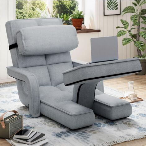 YODOLLA Floor Chair Adjustable, Folding Lazy Sofa Bed with Armrests, Gaming Lounge Recliner with Pillow & Footrest, Grey