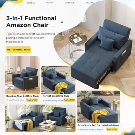 YODOLLA Convertible Sofa Bed 3-in-1 Pull out Arm Chair Folding Recliner Sleeper Single Bed for Adults, Navy
