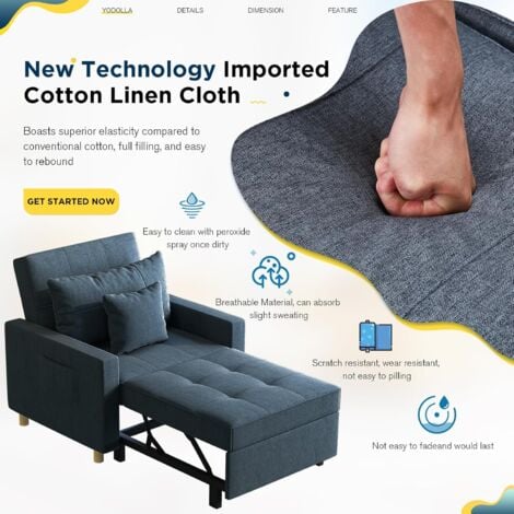 YODOLLA Convertible Sofa Bed 3-in-1 Pull out Arm Chair Folding Recliner Sleeper Single Bed for Adults, Navy