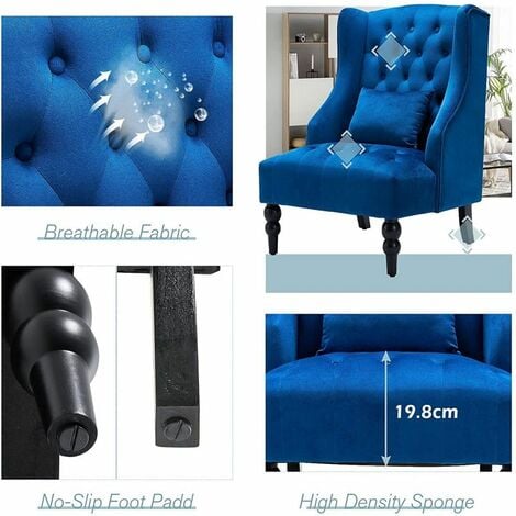 YODOLLA Mid Century Accent Chair with Wooden Legs for Living Room Wingback Tufted Fabric Armless Chair High Back Club Chair (Royal Blue)