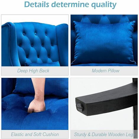 YODOLLA Mid Century Accent Chair with Wooden Legs for Living Room Wingback Tufted Fabric Armless Chair High Back Club Chair (Royal Blue)