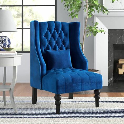 YODOLLA Mid Century Accent Chair with Wooden Legs for Living Room Wingback Tufted Fabric Armless Chair High Back Club Chair Royal Blue