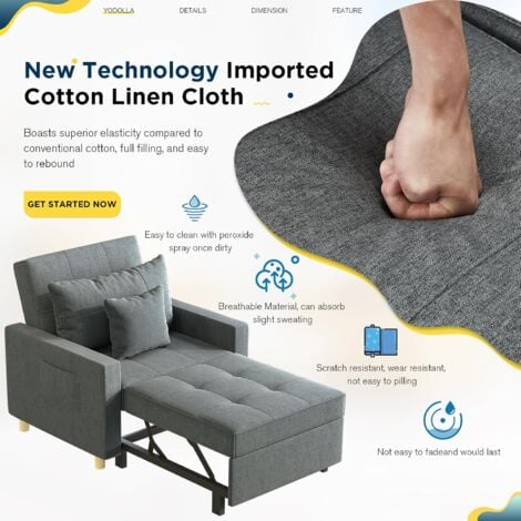 YODOLLA Convertible Sofa Bed 3-in-1 Pull out Arm Chair Folding Recliner Sleeper Single Bed for Adults, Dark Gray