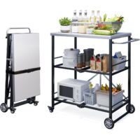 YODOLLA Folding Kitchen Trolley 3 Tiers Rolling Cart,Foldable Storage Shelves with Wheels & Handles, Metal Steel Shelves for Kitchen Laundry Bathroom Garage, Silver