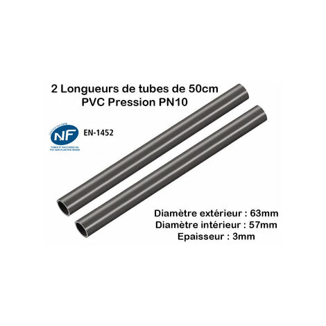 Lot de 2 Barres Tuyau Rigide Tube PVC Pression PN10 63mm : Longueur 50cm / Piscine et bassins