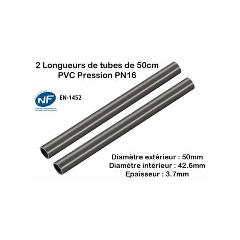 Lot De 2 Barres Tuyau Rigide Tube PVC Pression PN16 50mm : Longueur 1m