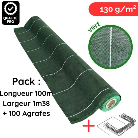 Toile de paillage avec agrafes Longueur 100m Largeur 1,38m anti mauvaises herbes Couleur Vert 130gr m2 ZENLYS tissée Pack Lot (1/5)