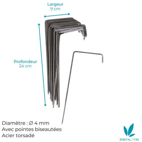 Lot de 50 Agrafes spécial sols durs ou caillouteux pour Toile de paillage Fabrication Française 24cm de profondeur ZENLYS