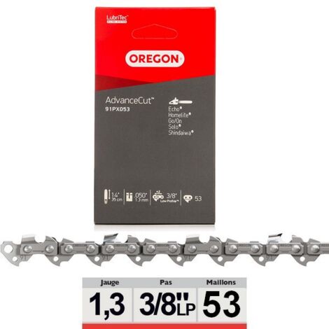 Oregon – Chaîne de tronçonneuse 91PX053E – Pas 3/8' – Jauge 1.3 mm – 53 maillons – Pour coupe fluide et efficace du bois dur